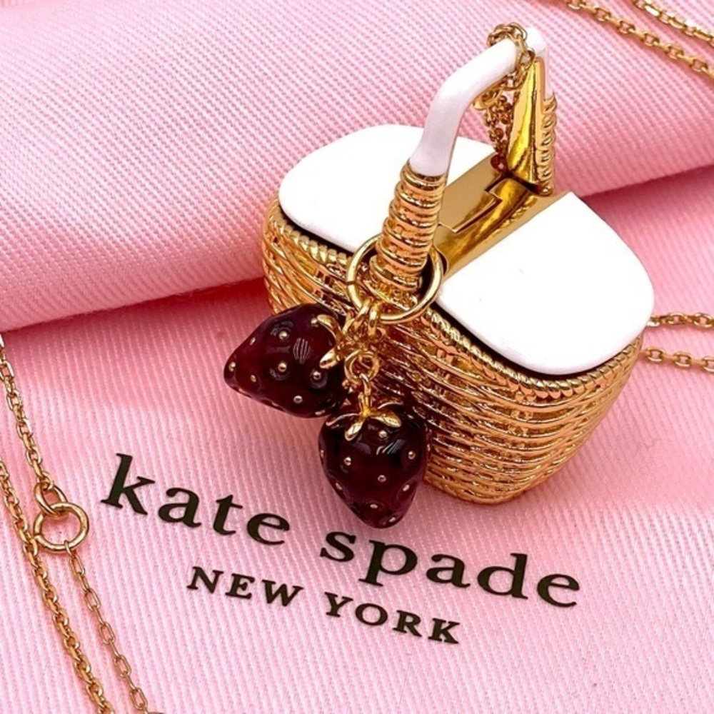 KATE SPADE  Gold Picnic Basket Strawberry Long Pendant Statement Necklace